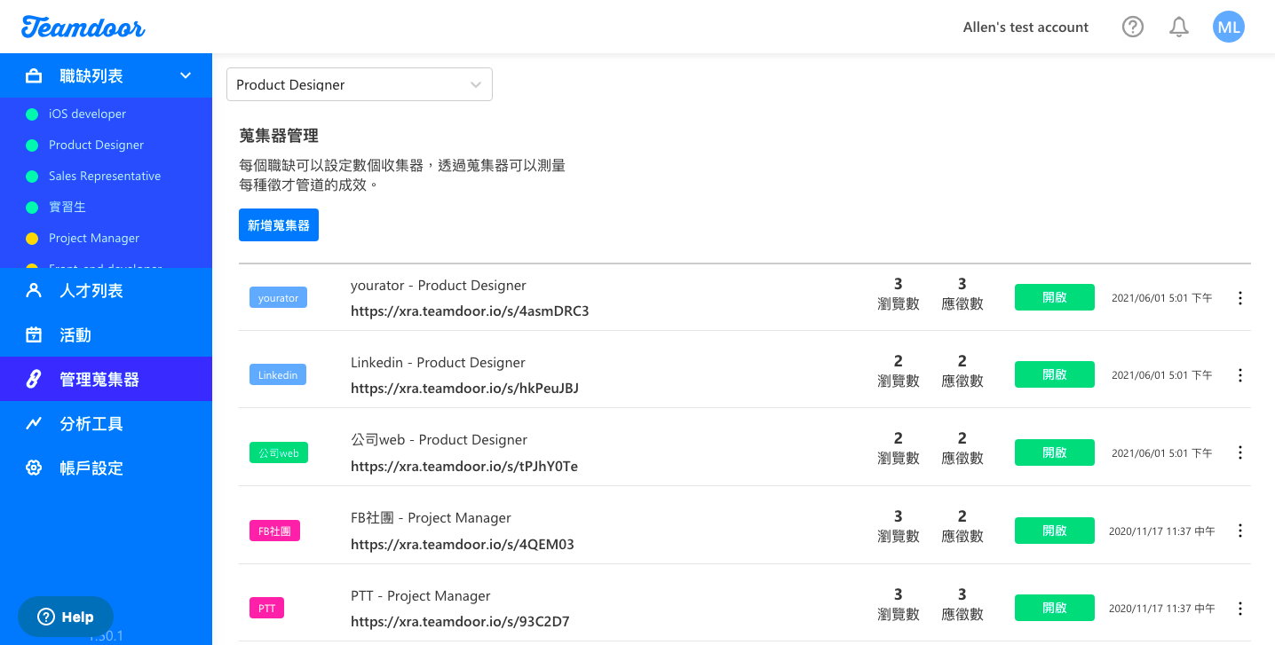  Teamdoor根據每個職位、不同徵才渠道定義網址，追蹤各渠道招募成效／圖片資料為隨機創建非真實個資 